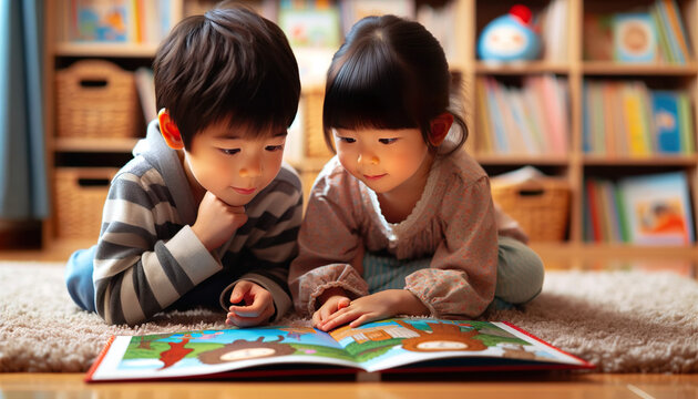 Japanese brother and sister reading picture books together. Reading together gives siblings something fun to do and it also reinforces their bonds of love.