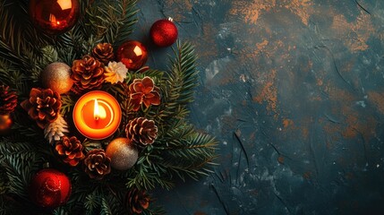 Merry Christmas: Elegant Advent Wreath with Burning Candles and Baubles