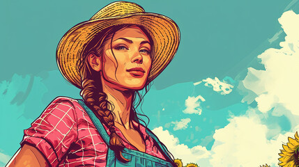 Obraz na płótnie Canvas cool looking beautiful young female farmer in colorful comic illustration style.
