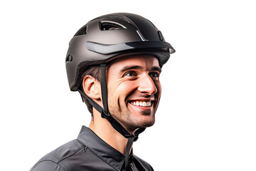 A happy young man wearing bicycle helmet isolated on a transparent background.