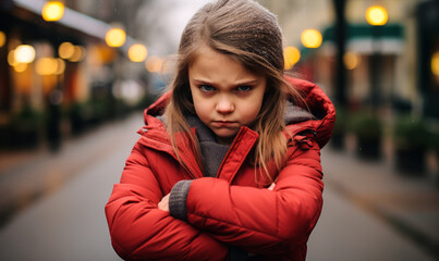 Fototapeta premium Stern-faced little girl in red winter jacket crossing arms in a defiant pose on a cold, blurred urban street background