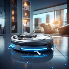 Smart robotic vacuum cleaner on a shiny floor in a modern apartment, home cleaning technology. AI