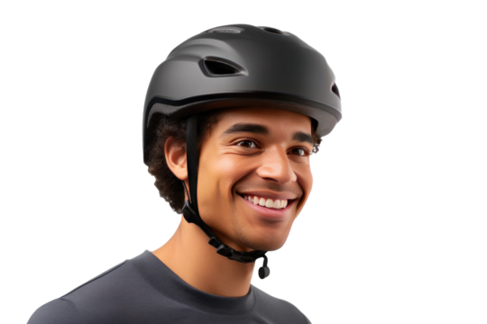 A happy young man wearing bicycle helmet isolated on a transparent background.
