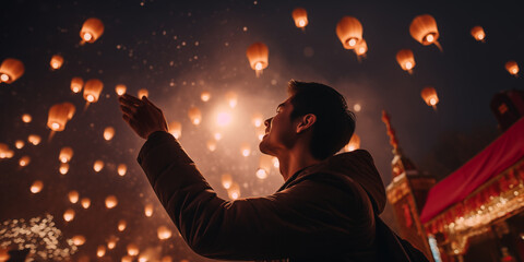 Chinese New Year.  Celebrates the holiday, launches a lantern into the sky and makes a wish. A man launches a Chinese lantern into the night sky and makes a wish. Atmospheric