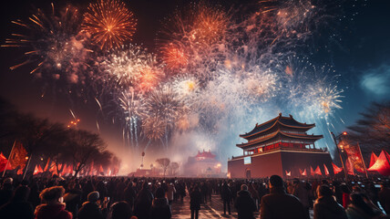  Chinese New Year! Many people and fireworks in honor of the holiday on the street in the city