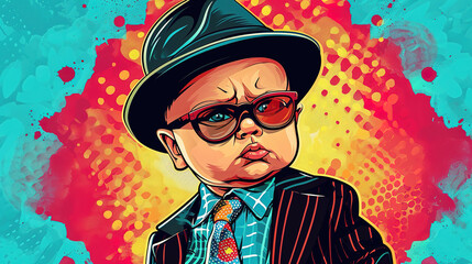 cool looking adorable angry baby wearing suit, tie and hat. Mafia or gangster boss costume style. Colorful comic illustration style.