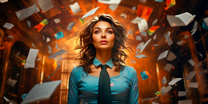 The image shows a businesswoman in a magical pose. Floating papers in the air give an artistic look. The vintage watercolor style adds charm and nostalgia.