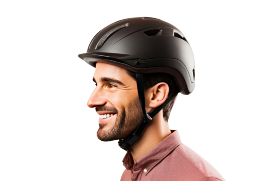A happy young man wearing bicycle helmet isolated on a transparent background.