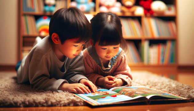 Japanese brother and sister reading picture books together. Reading together gives siblings something fun to do and it also reinforces their bonds of love.