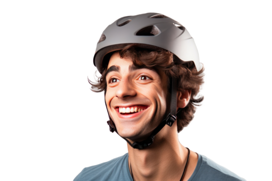 A happy young man wearing bicycle helmet isolated on a transparent background.