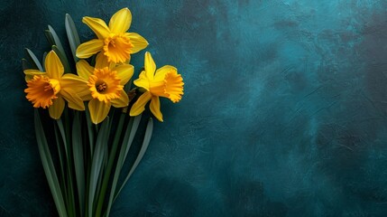 Minimalistic Flatlay of Yellow Daffodils on Dark Teal Background AI Generated