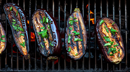 eggplant on grill, aubergine vegan cuisine,  top view 