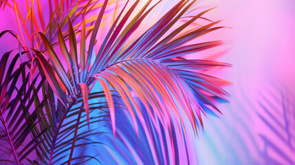 Obraz premium Tropical palm leaves in vibrant neon gradient, holographic colors. minimal art concept 