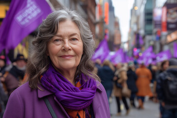 Fototapeta premium Mature adult woman at a feminist demonstration, Women's Day in purple colors, streets filled with people fighting for rights and equality