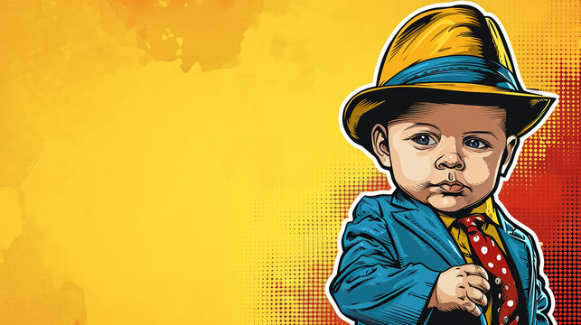 cool looking adorable angry baby wearing suit, tie and hat. Mafia or gangster boss costume style. Copyspace for text. Colorful comic illustration style.