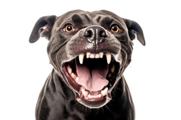 A pit bull dog showing fangs isolated on a transparent background.