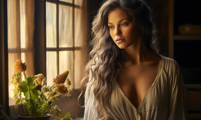 Serene Beauty in Rustic Setting, Ethereal Woman with Flowing Hair by Window Light with Vase of Wildflowers