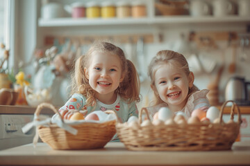 Fototapeta premium Easter egg hunt preparation, kids in the kitchen, colorful decorations, festive family activity