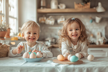 Naklejka premium Children with Easter eggs at home in the kitchen, siblings painting eggs, family tradition, joyful Easter