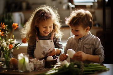 Holiday preparation, kids painting Easter eggs, family kitchen scene, festive DIY joy