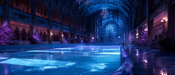 Ice rink background with decoration, lights, lanterns. Ice skating at the winter park. Winter holidays mockup. Outdoor leisure, entertainment. Generative ai.