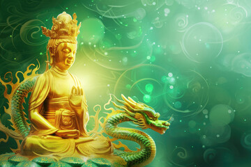 golden buddha with glowing cartoon dragon, nature green background