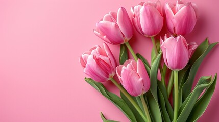 Obraz na płótnie Canvas Beautiful Pink Tulips on Pastel Pink Background AI Generated