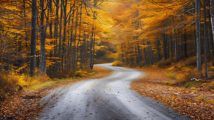 Navigate forest road through autumn  
