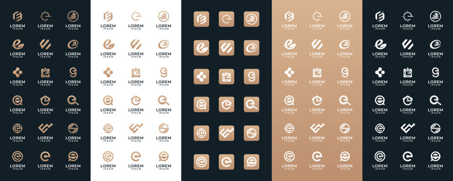 Mega logo collection Initial letter E, with icon style, Abstract design concept for branding with golden gradient.