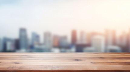 Fototapeta na wymiar wood table top white blurred city background from office window
