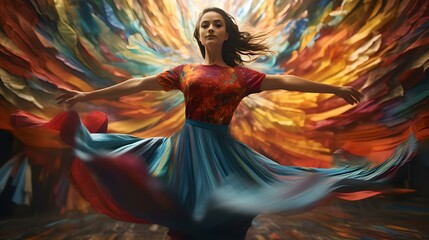 Elegant dancer in vibrant dress spinning with colorful artistic background