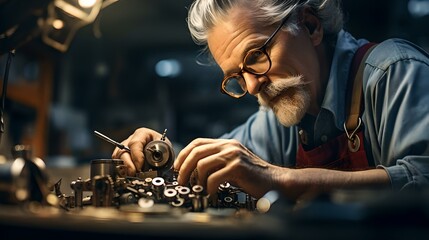 Focused craftsman repairing intricate mechanical parts in a dimly lit workshop