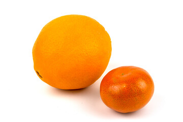 Orange and tangerine isolated on a white background. Citrus fruits in close-up.