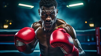 Determined boxer ready to fight in the ring at night - sports, courage, and determination