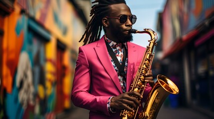Stylish saxophonist playing in urban streetscape, vibrant city life