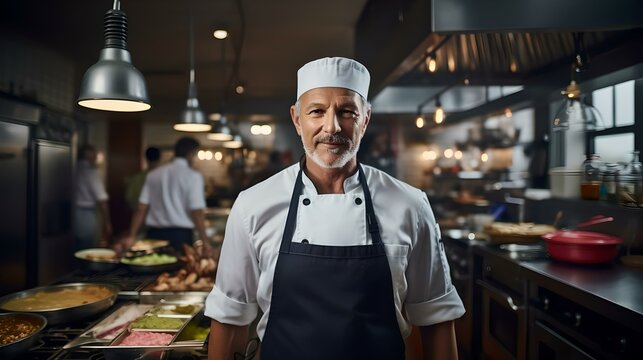 Confident mature chef standing proudly in a busy professional kitchen environment