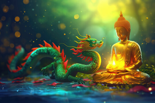 glowing golden buddha with glowing colorful cartoon dragon, nature background