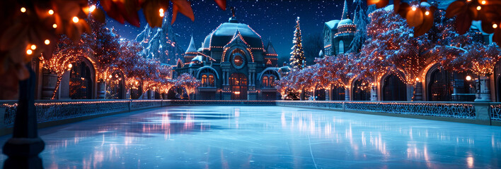 Ice rink background with decoration, lights, lanterns. Ice skating at the winter park. Winter holidays mockup. Outdoor leisure, entertainment. Generative ai.