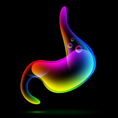 Illustration of a human stomach with multiple colors overlapping to form the shape of a stomach with digestive juices floating on a black background. Used in medicine commercial Advertising and indust - obrazy, fototapety, plakaty