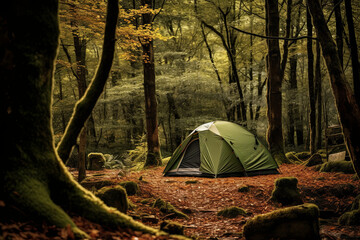 A tent inside a forest - obrazy, fototapety, plakaty