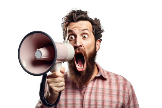 A surprised face of young bearded man wears shirt hold scream in megaphone announces discounts sale hurry up isolated on a transparent background.