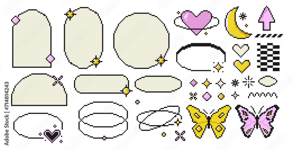 Poster set of pixelated y2k frame line with star and heart. retro color pixel butterfly. modern aesthetic l