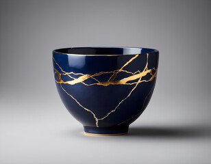 Kintsugi-Inspired Dark Blue Cup Shining Against a White Canvas