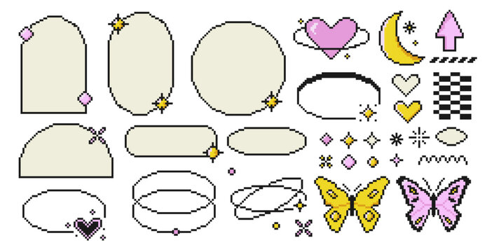 Set of pixelated y2k frame line with star and heart. Retro color pixel butterfly. Modern aesthetic line elements in retro style. Arch frame with sparkles