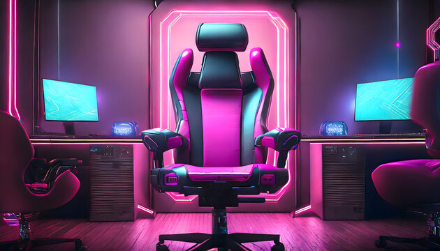 gamer, stuhl, sessel, lehnstuhl, neon, neu, modern, pink, play, player, cyberworl, futuritisch, sci-fi, niemnad, copy space, close up, copy space, meisterschaft, glow, blur, high-tech, comfort, licht,