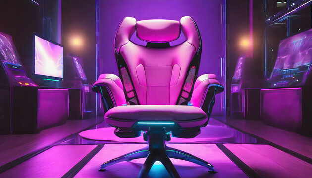 gamer, stuhl, sessel, lehnstuhl, neon, neu, modern, pink, play, player, cyberworl, futuritisch, sci-fi, niemnad, copy space, close up, copy space, meisterschaft, glow, blur, high-tech, comfort, licht,
