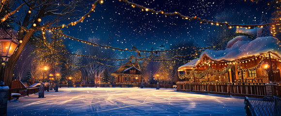 Ice rink background with decoration, lights, lanterns. Ice skating at the winter park. Winter holidays mockup. Outdoor leisure, entertainment. Generative ai. - obrazy, fototapety, plakaty