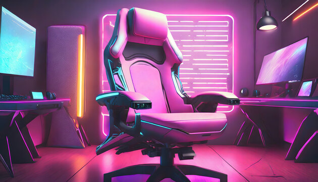 gamer, stuhl, sessel, lehnstuhl, neon, neu, modern, pink, play, player, cyberworl, futuritisch, sci-fi, niemnad, copy space, close up, copy space, meisterschaft, glow, blur, high-tech, comfort, licht,