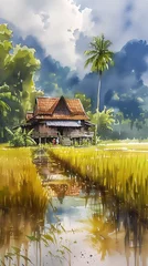 Foto op Canvas Rumah Kampung Malaysia, wooden house in watercolor, paddy field, sawah padi © INTAN