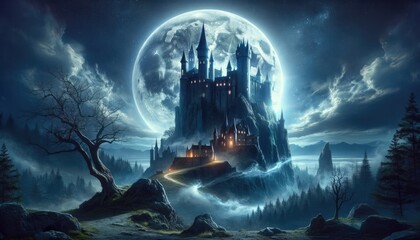 A majestic castle perched atop a craggy cliff bathed in the ethereal glow of a massive full moon. Mist swirls around the forest below.